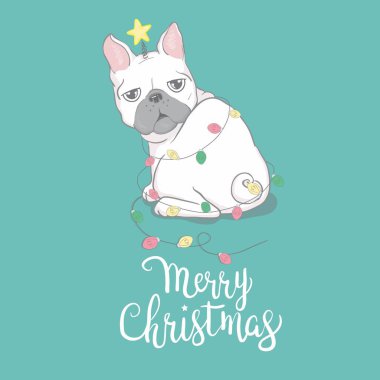 Noel kartı. Noel Baba şapkalı Fransız bulldog portresi. Vektör illüstrasyonu.