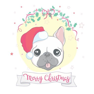 Noel kartı. Noel Baba şapkalı Fransız bulldog portresi. Vektör illüstrasyonu.