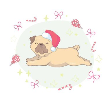 Noel Baba şapkalı ve Noel oyuncak toplu yavru köpek. Vektör illüstrasyonu.