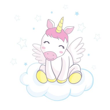 Şirin tek boynuzlu at yüzü. Çocuk kartı, tişört tasarımı. Kızlar, çocuklar. Beyaz arka planda izole edilmiş. Altın boynuzlu ve güzel gökkuşağı saçlı şirin tek boynuzlu at.