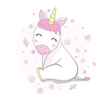 Şirin tek boynuzlu at yüzü. Çocuk kartı, tişört tasarımı. Kızlar, çocuklar. Beyaz arka planda izole edilmiş. Altın boynuzlu ve güzel gökkuşağı saçlı şirin tek boynuzlu at.