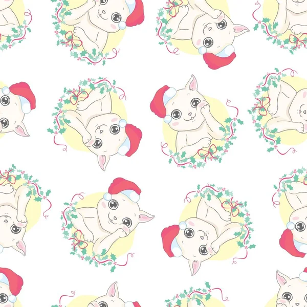 Macska varrat nélküli mintát karácsonyi vector Mikulás kalapját karácsony cica rajzfilm elszigetelt csempe háttér ismételje meg tapéta illusztráció — Stock Vector