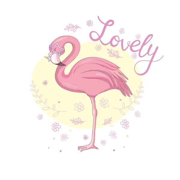 Roztomilý flamingo se slunečními brýlemi, ananas, vektorová ilustrace, letní potisk, dětský potisk na tričku, — Stockový vektor