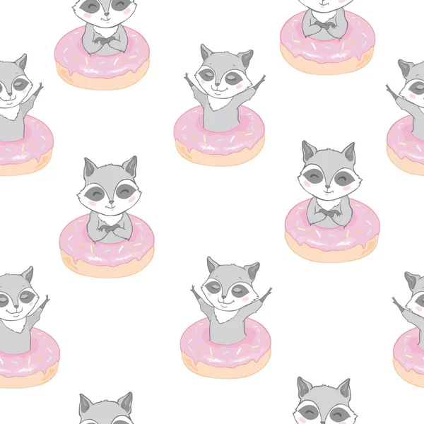 Vektor sömlöst mönster med söt tvättbjörn, munkar och klubbor på en rosa bakgrund. Vektorillustration. — Stock vektor