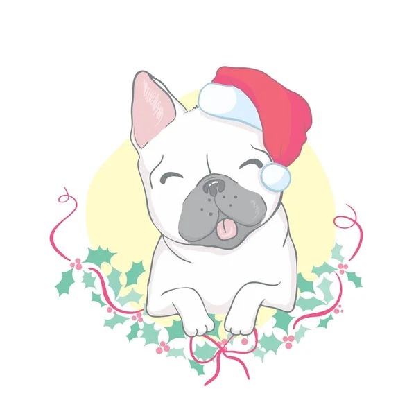 Weihnachtskarte. Porträt einer französischen Bulldogge mit Weihnachtsmannhüten. Vektorillustration. — Stockvektor