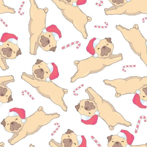 Karácsonyi varrat nélküli mintát a képet a kis aranyos kiskutya, Santa Claus kalap. Gyermek vektor háttér. — Stock Vector