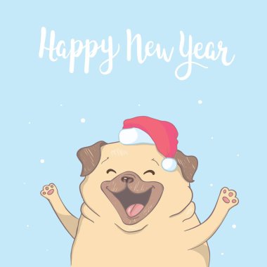 Noel Baba şapkalı ve Noel oyuncak toplu yavru köpek. Vektör illüstrasyonu.