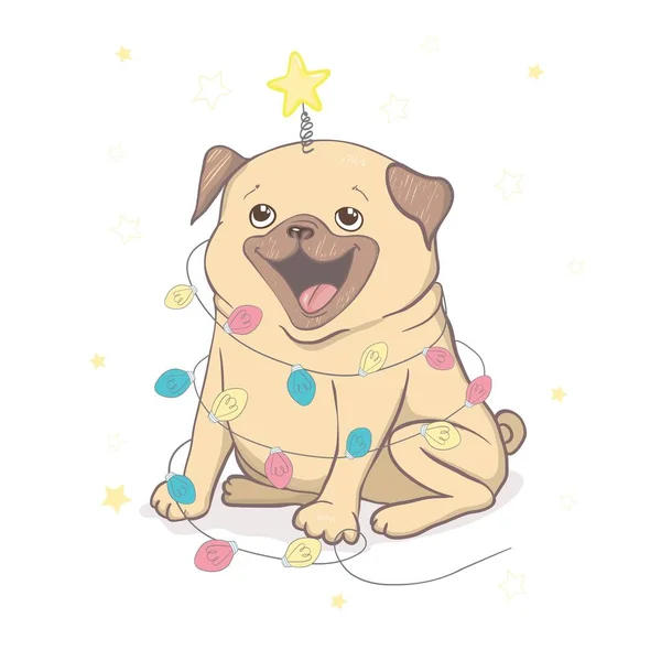 Puppy Pug v Santově klobouku a s vánoční hračkou. Vektorová ilustrace. — Stockový vektor