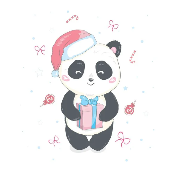 Aranyos karácsonyi rajzfilm panda medve karakter a Mikulás kalap pompon vektor kép elszigetelt fehér. Vicces bearcat gyerekek Xmas design. Boldog Karácsonyt és boldog új évet üdvözlő kártya kép. — Stock Vector