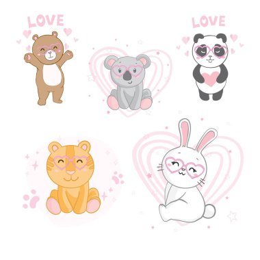 Komik gözlüklerle ve dekoratif unsurlarla çevrili şirin hayvanlar. Vektör illüstrasyonu