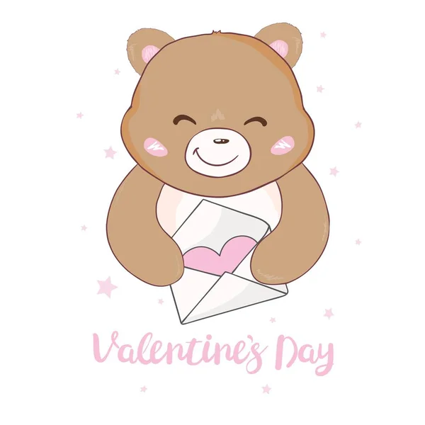Vector illustration of cute little Teddy bear holding red heart. — Stock Vector