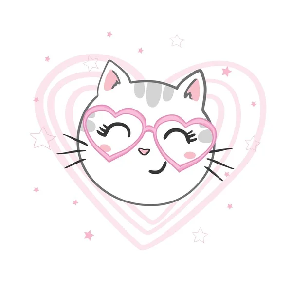 Retrato de moda de gato hipster en corazones gafas aisladas en blanco. Vector ilustración dibujada a mano — Vector de stock