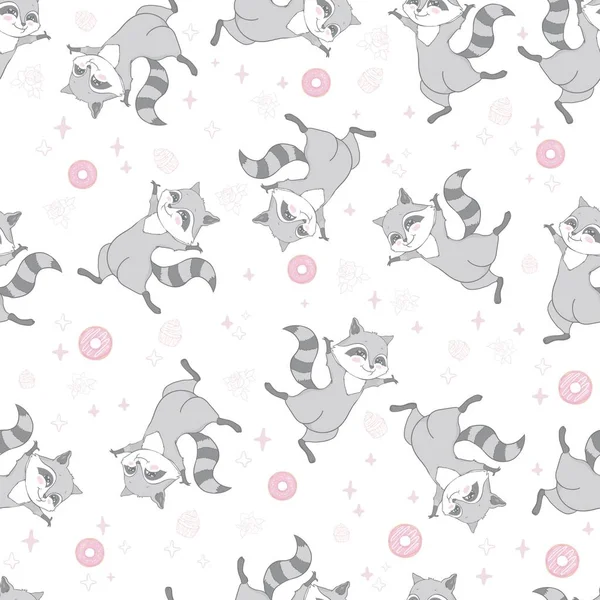 Patrón sin costuras vectorial con mapache lindo, donas y piruletas sobre un fondo rosa. Ilustración vectorial. — Vector de stock