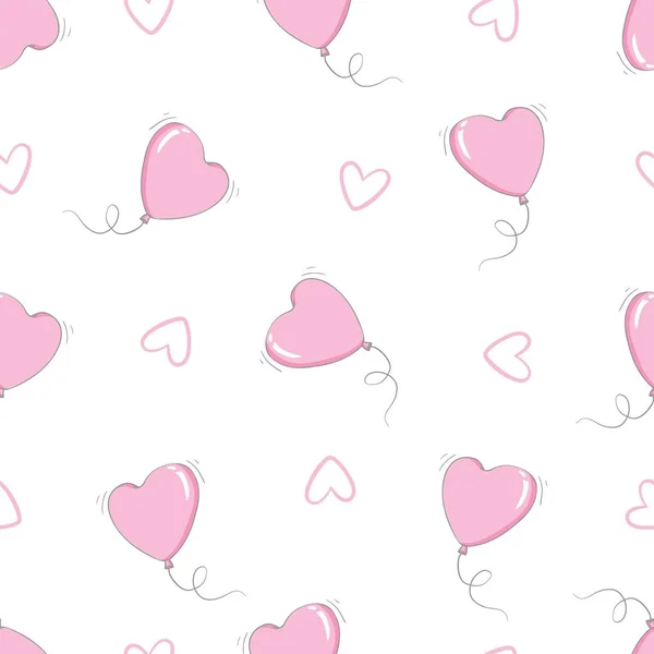 Cartoon vector seamless pattern with cute pink balloon-hearts on blue background. Ideal for celebration card, wrapping paper for Valentine gift, textile, wallpaper, web pages background. — Stock Vector