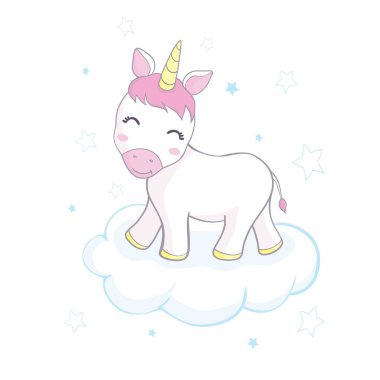 Şirin tek boynuzlu at yüzü. Çocuk kartı, tişört tasarımı. Kızlar, çocuklar. Beyaz arka planda izole edilmiş. Altın boynuzlu ve güzel gökkuşağı saçlı şirin tek boynuzlu at.