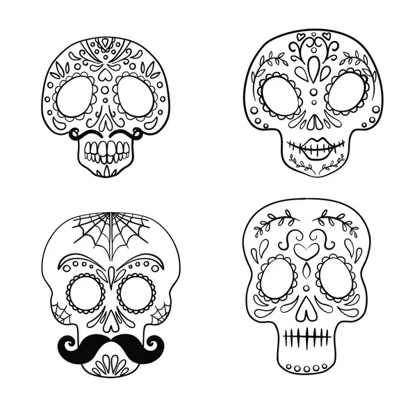 Crâne de sucre mexicain noir et blanc coloriage ligne art set — Image vectorielle