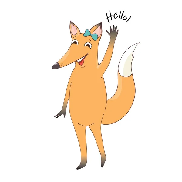 Vectorillustratie van schattige fox en de tekst 'Hello'. Kinderachtig achtergrond met lachende stripfiguur. — Stockvector