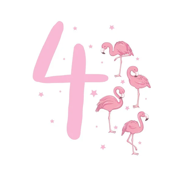 Quatro velas. Feliz quarto aniversário carta de vela. Aves exóticas. Conjunto de diferentes poses flamingos. Flamingo colorido — Vetor de Stock