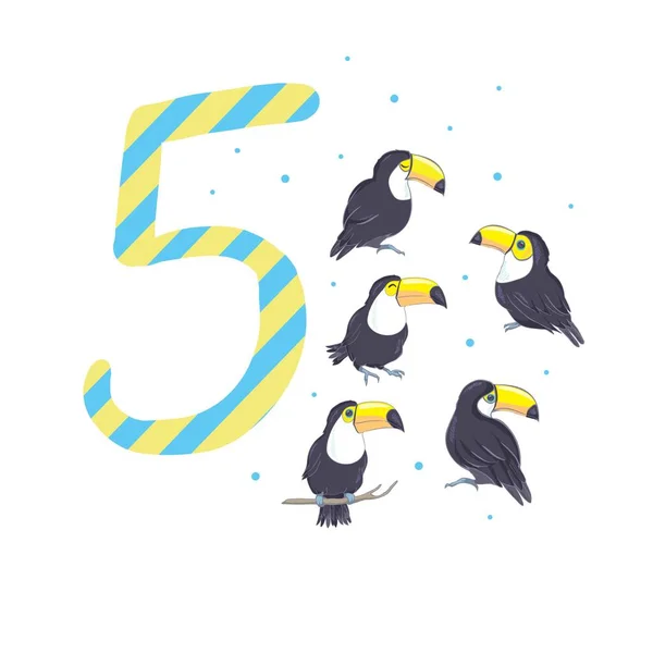Ilustração dos desenhos animados com número cinco e tucanos — Vetor de Stock