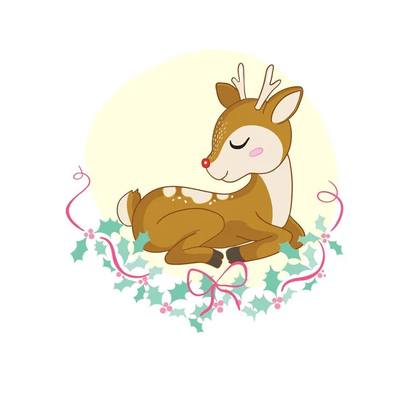 Söt tecknad Baby Deer med blommor på en rosa bakgrund — Stock vektor