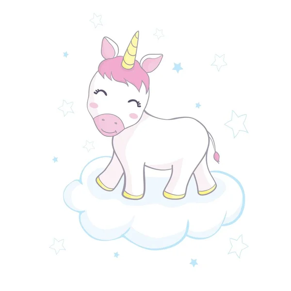 Linda cara de unicornio. Ilustración de personaje de dibujos animados vectoriales. Diseño para tarjeta infantil, camiseta. Niñas, concepto kid.magic. Aislado sobre fondo blanco. Lindo caballo de unicornio con cuerno de oro y cabello de arco iris de belleza. — Vector de stock