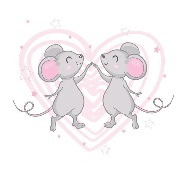 两只可爱的病媒老鼠，长着红白相间的甜手杖，像心脏一样紧紧地抱住它们。卡通有趣的动物。圣诞贺卡 — 图库矢量图片