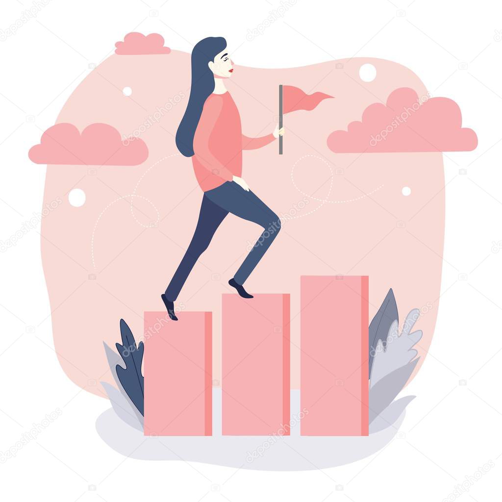 A full-length young woman holds a flag in her hand. Girl climbs up on the stylized success ladder. Symbol of achieving goal, career growth, motivation. Vector flat concept of people going to success