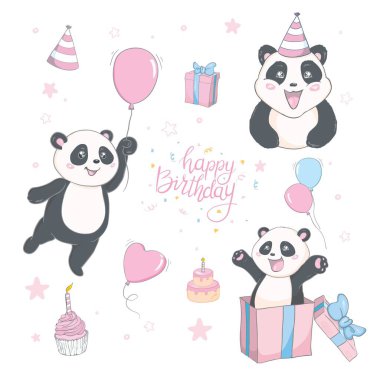 Çeşitli ifadelerle panda çizgi film karakteri