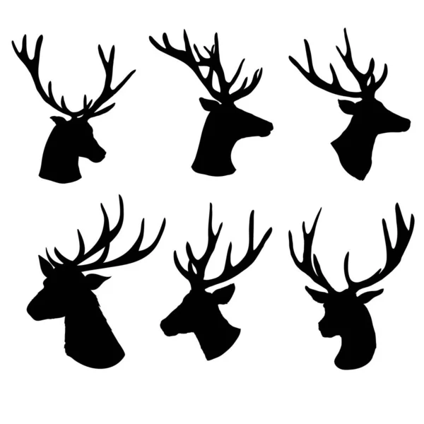 Conjunto de una silueta de cabeza de ciervo sobre fondo blanco — Vector de stock