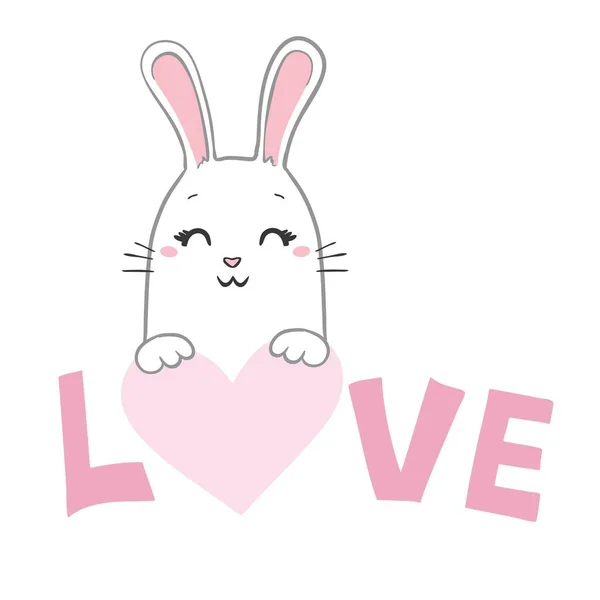 Conejo de San Valentín con corazón rojo que dice "Feliz Día de San Valentín" aislado sobre fondo blanco — Vector de stock