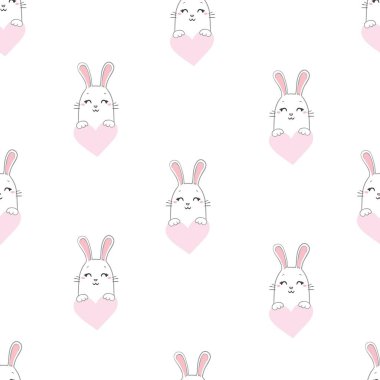 Tavşanın kocaman bir kalbi var. Desen. Pembe arka plan. Parmak izleri, kitap çizimleri, ambalaj malzemeleri, tekstil için..