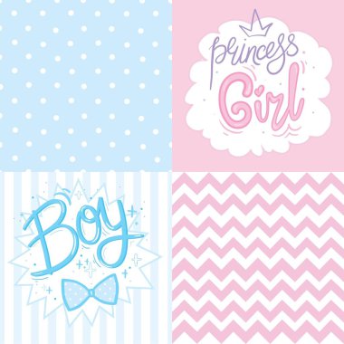 Vektör tebrik kartı. Bebek partisi kartı. Bebek duyuru kartı tasarımı. Yazı yazan bir erkek, yazı yazan bir kız. Bebek partisi tasarım elementi.