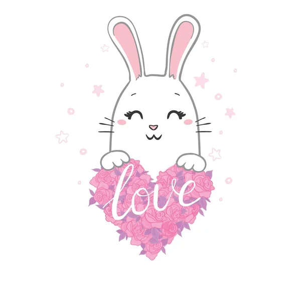 Valentines Day Bunny Rabbit Pink Heart Isolated White Background — 스톡 벡터