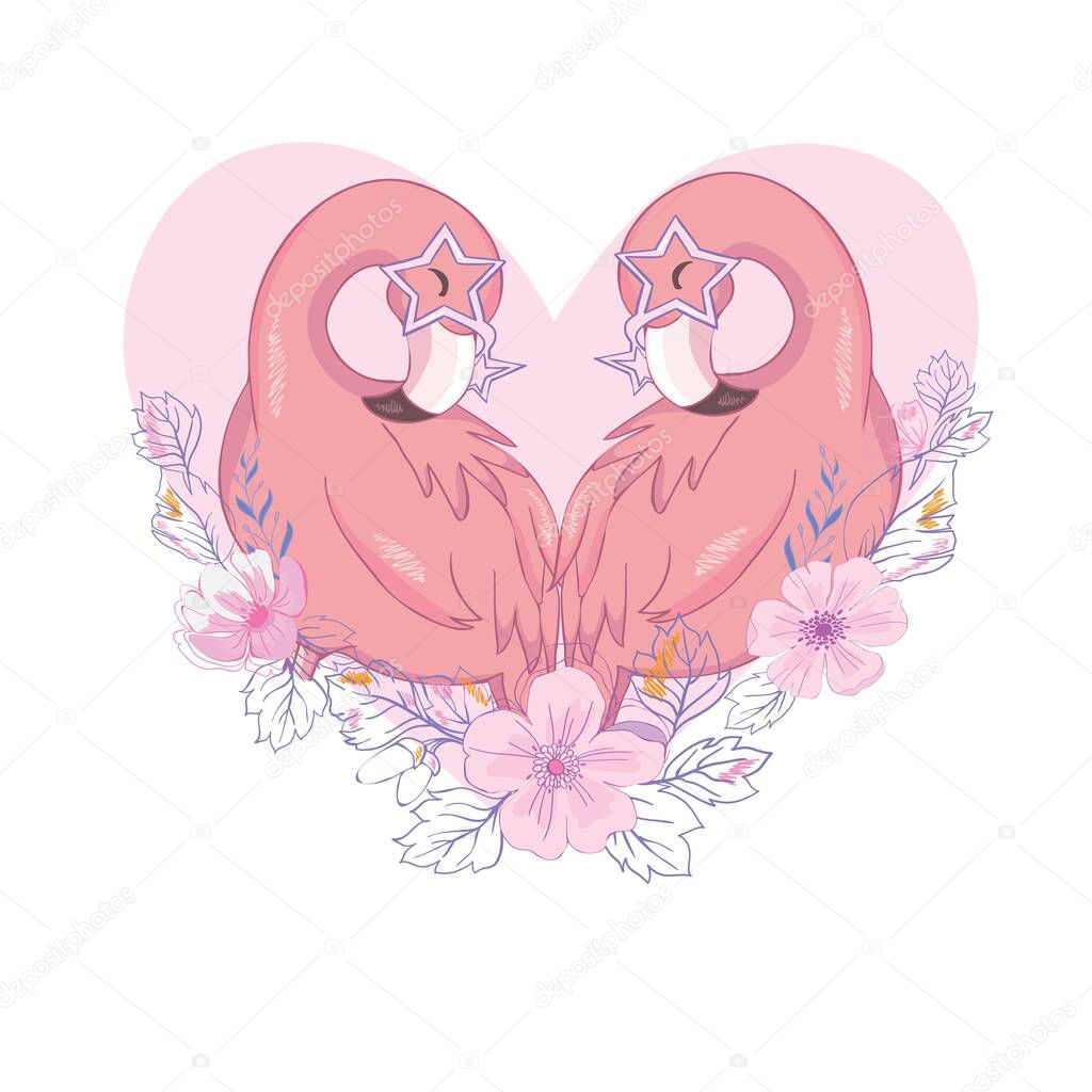 Lovely flamingos, hand drawn vector illustration.