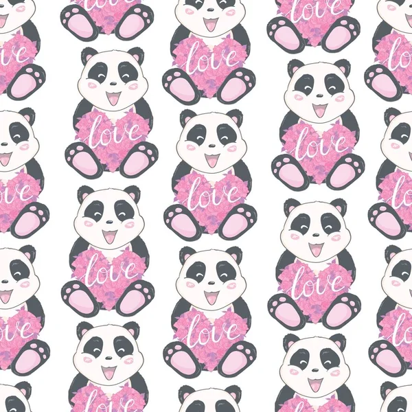 Patrón Sin Costuras Con Bonitas Cabezas Panda Dibujadas Mano Fondo — Vector de stock