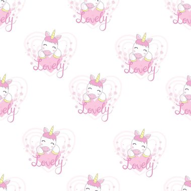 Şirin tek boynuzlu atlar, bulutlar ve yıldızlarla vektör deseni. Küçük tek boynuzlu atların sihirli arka planı.