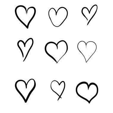 Beyaz arka planda izole edilmiş kalp çizimleri. Vektör illüstrasyonu.
