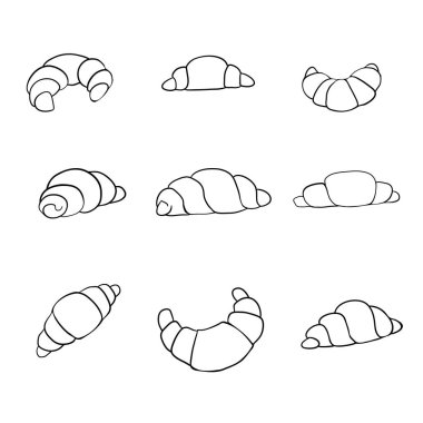 Tasarım menüsü kafe, etiket ve ambalaj için vektör eli çizilmiş kruvasan simgesi fırını.