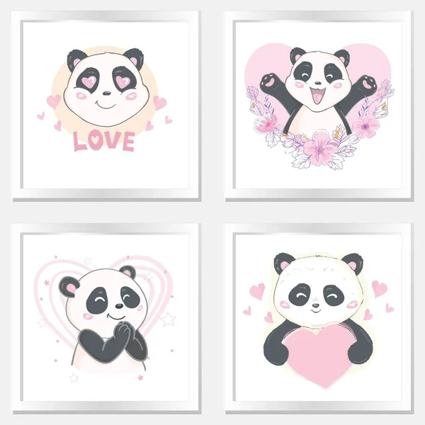 Panda Set Ilustração Cartões Desenhados Mão Bonitos Brochuras Convites — Vetor de Stock