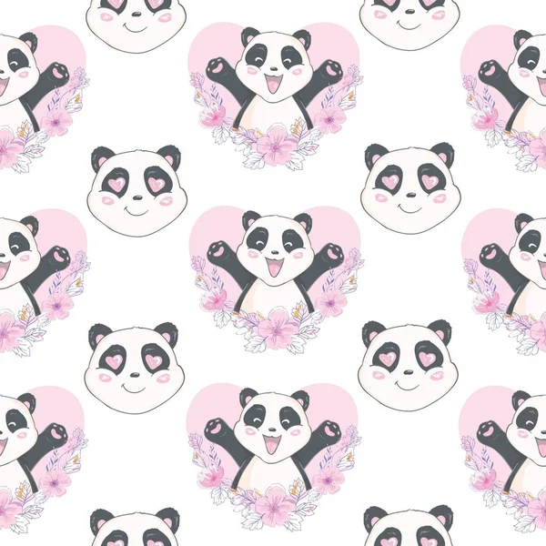 Patrón Sin Costuras Con Bonitas Cabezas Panda Dibujadas Mano Fondo — Vector de stock