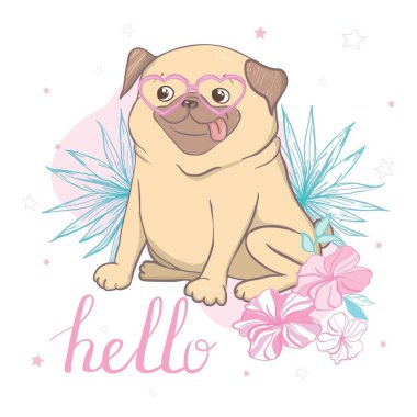 Gözlük takan sevimli çizgi film köpekleri. Beyaz arkaplanda vektör köpek illüstrasyonu