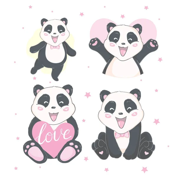 Panda Set Ilustração Cartões Desenhados Mão Bonitos Brochuras Convites — Vetor de Stock