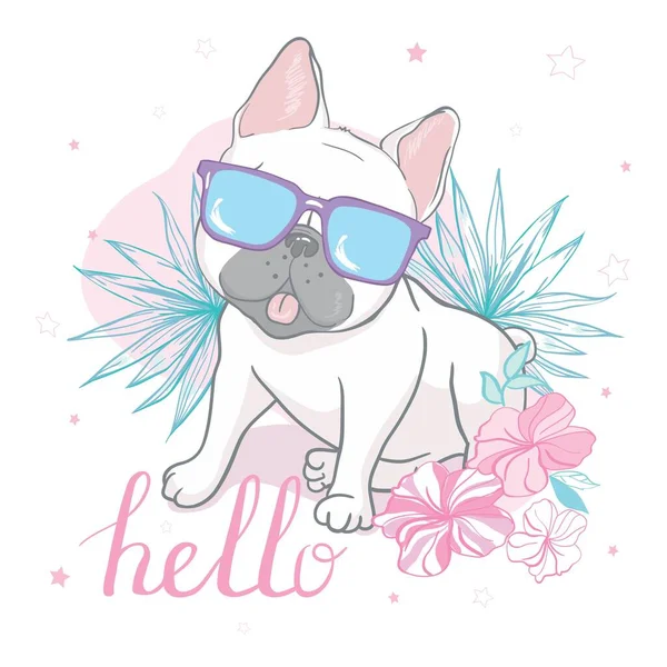 Bulldog Francês Bonito Com Óculos Desenhado Mão Gráfico Ilustração Animal — Vetor de Stock