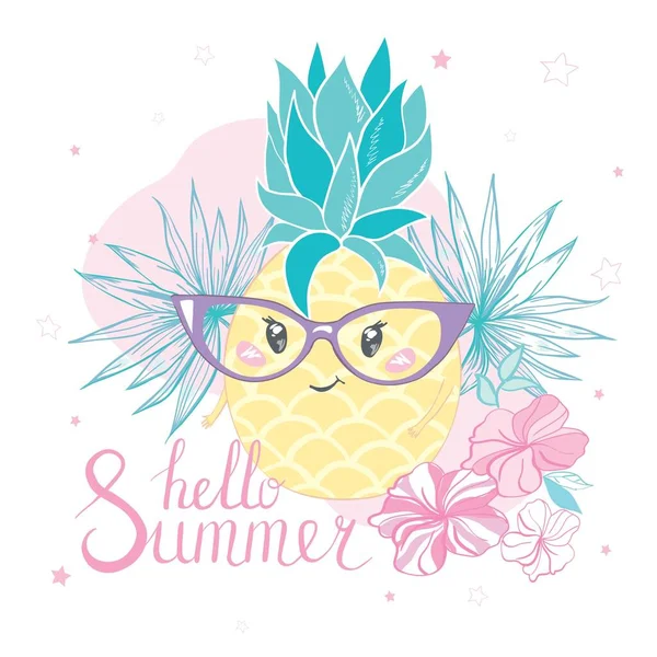 Cute Vector Pineapple Illustration Cartoon Funny Graphic Food Typography Quote — Stock Vector