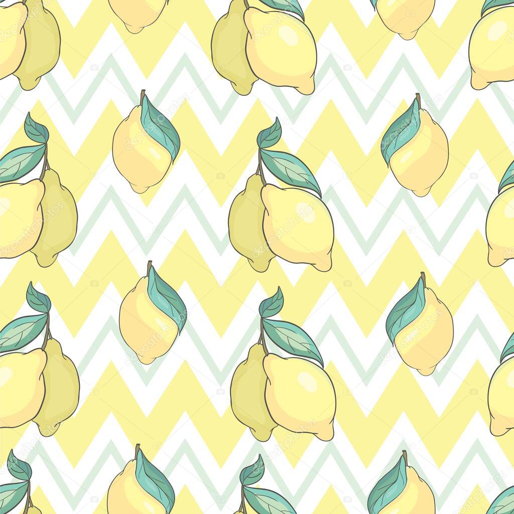 seamless pattern with lemons on the white background. Vector illustration. Hand drawn background.