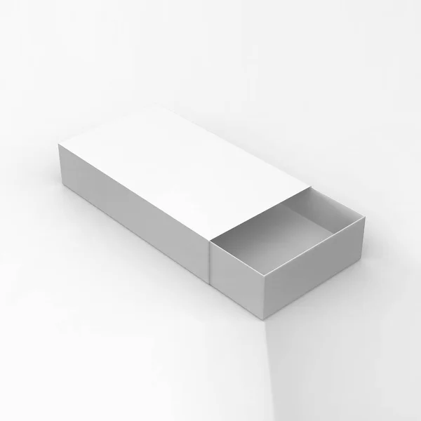 Caixa deslizante / caixa de fósforo, caixa deslizante branca do cartão do pacote aberta. Ilustração 3D — Fotografia de Stock