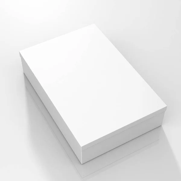 Fehér doboz-a póló, valósághű renderelés, fehér lapos karton doboz elszigetelt fehér háttér, kész a "Design", "fehér dobozban kigúnyolják fel", 3D-s illusztráció — Stock Fotó