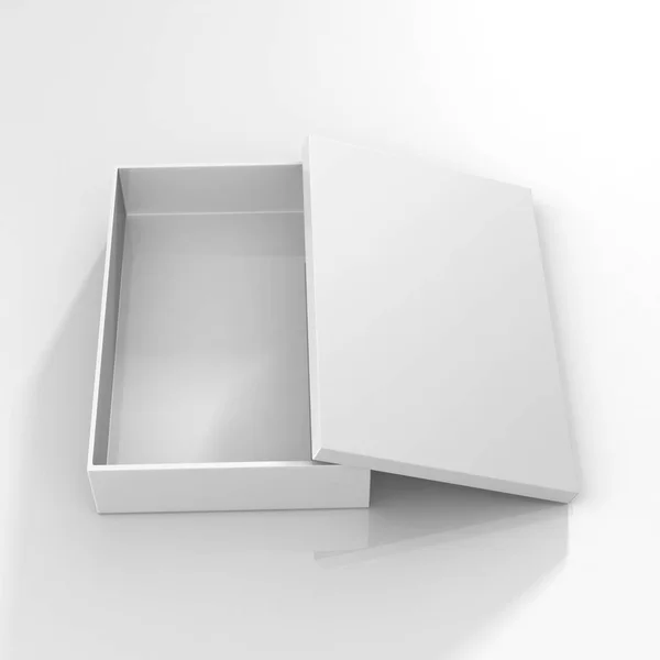 Caixa branca para camiseta, Renderização realista de caixa de papelão liso branco em fundo branco isolado, Pronto para o seu projeto, Caixa branca Mock Up, Ilustração 3D — Fotografia de Stock