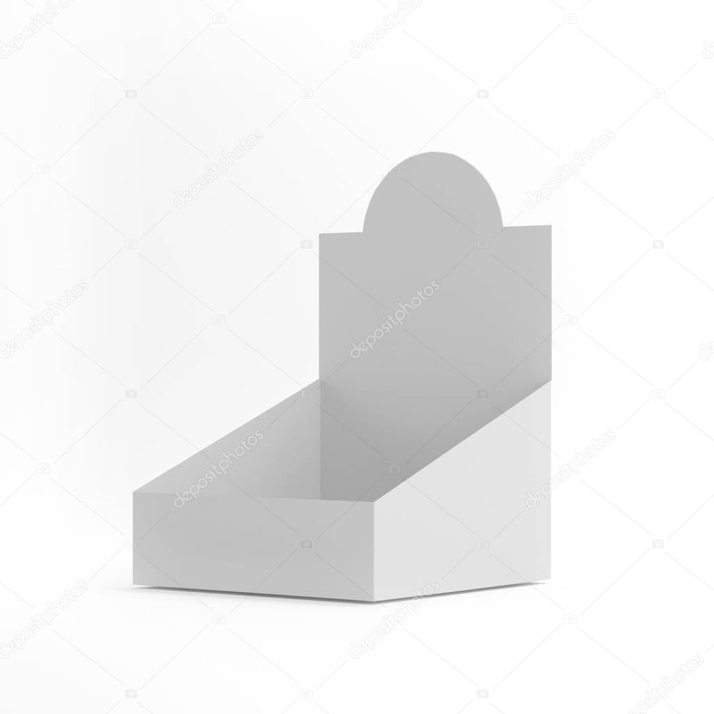 POS POI Cardboard Blank Empty Display Show Box Holder For Advertising Fliers, Leaflets, Products. Illustration Isolated On White Background. Mock Up Template Ready For Your Design.