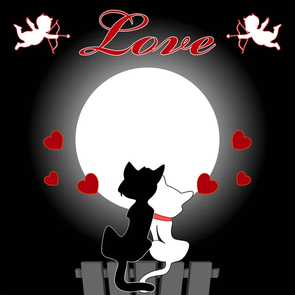情侣猫和老鼠坐在屋顶上，看月亮，热爱设计，猫咪 — 图库矢量图片